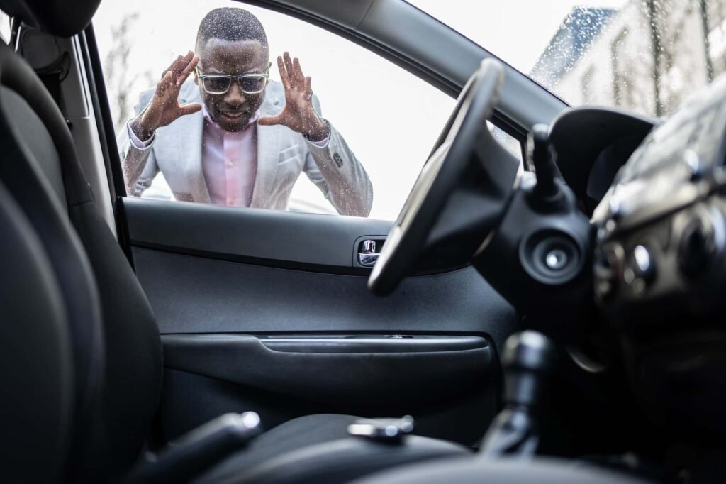 A man locked out of car looking through the window